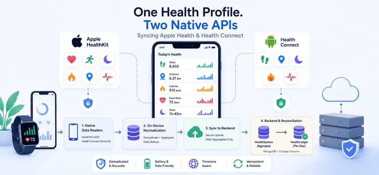Health data synchronization architecture connecting Apple HealthKit and Android Health Connect to a unified health profile with on-device normalization.