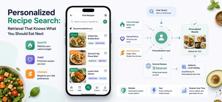 Personalized recipe search interface using AI to rank recipes based on calorie goals, eating habits, and dietary preferences.