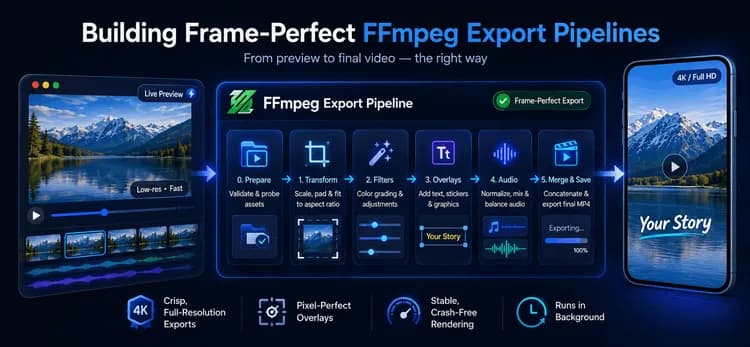 Frame-perfect FFmpeg export pipeline showing the workflow from live video preview through preparation, transformation, filters, overlays, audio mixing, and final MP4 export.