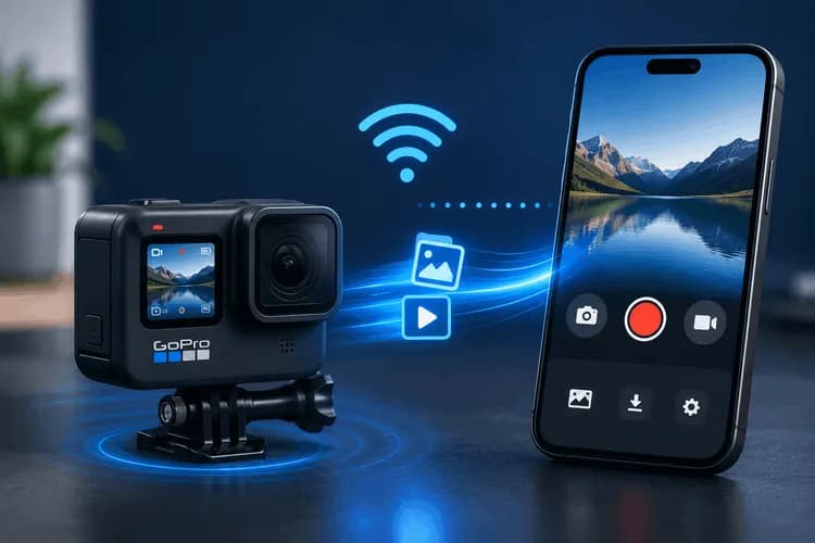 GoPro camera connected to a Flutter app over Wi-Fi for remote control and media file transfer..webp