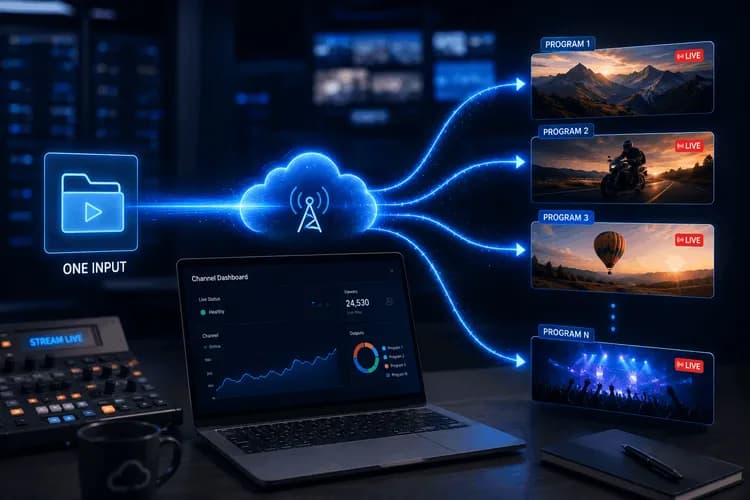 Illustration showing one media input powering multiple FAST channel programs through cloud-based automation and live streaming workflows. (1).webp