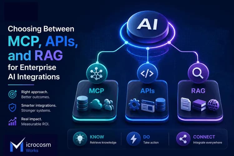 Modern 3D illustration of MCP, APIs, and RAG working together to power enterprise AI integrations.webp
