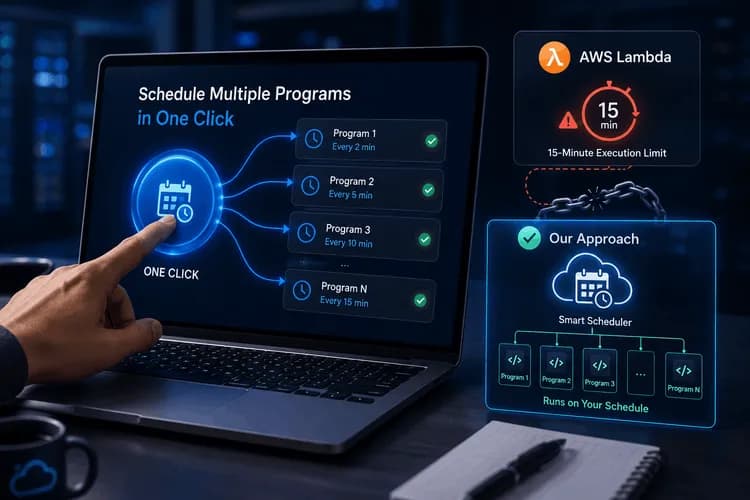 Photorealistic illustration of a one-click scheduling system managing multiple automated programs beyond the AWS Lambda 15-minute execution limit.webp