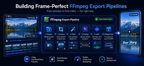 Frame-perfect FFmpeg export pipeline showing the workflow from live video preview through preparation, transformation, filters, overlays, audio mixing, and final MP4 export.