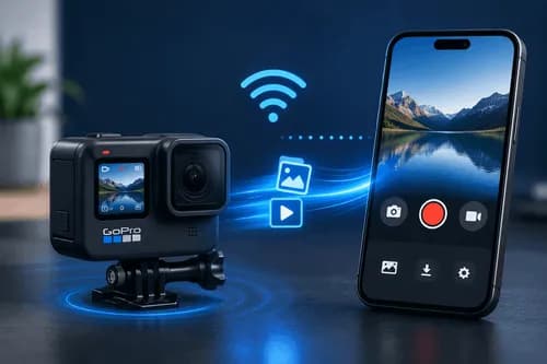 GoPro camera connected to a Flutter app over Wi-Fi for remote control and media file transfer..webp