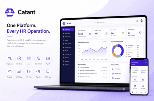 Graphic for Catant, an open-source HR and workforce management platform, showcasing its software interface across a laptop and a mobile smartphone